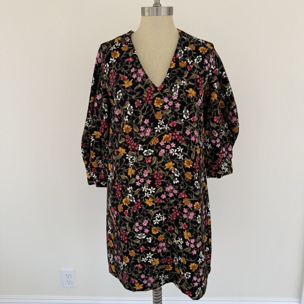 Zara Basics Floral V-Neck Long Sleeve A-Line Mini Dress Multicolor Size Medium